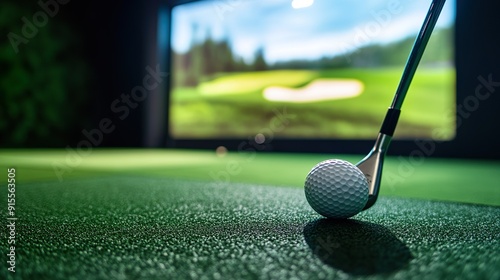 Golf putter and ball on virtual golf green