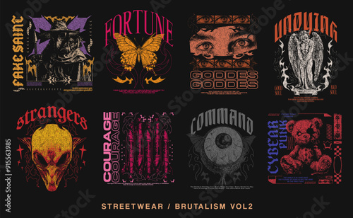 Brutalism Streetwear Vector T-shirt Design Bundle, Urban Graphic T shirt Set. Streetwear T shirt Design for Print on Demand, Brutalism Design Set. Urban T-shirt Design