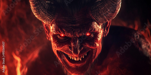 A red demon face glowing in the dark, laughing maniacally
