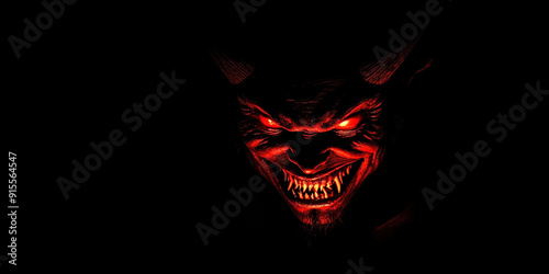 A sinister, glowing red demon face with horns and an evil grin on a black background