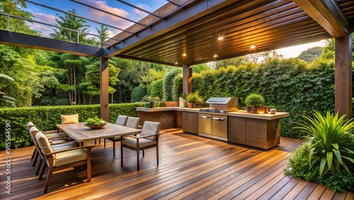 Spacious covered outdoor deck features a built-in barbecue grill station amidst lush greenery, perfect for al fresco dining and outdoor entertainment. photo