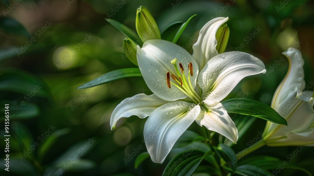 Fototapeta premium Fragrant Beauty - Close-up of a Delicate White Lily Flower in Full Bloom with Fresh Green Stem in Soft Focus
