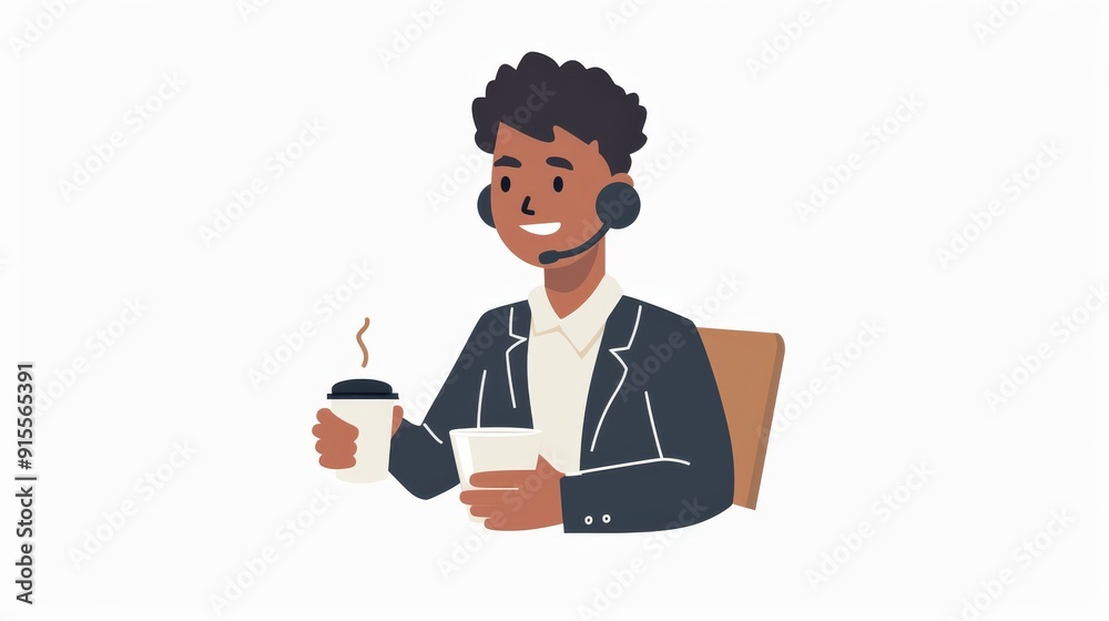 Smiling Customer Service Representative with Headset and Coffee Smiling Customer Service Representative with Headset and Coffee