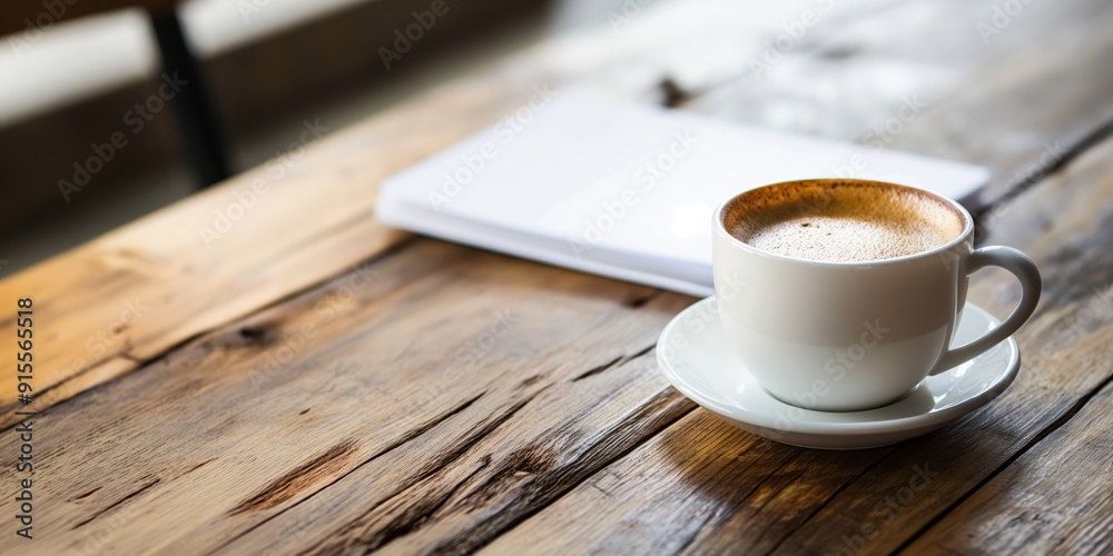 A steaming cappuccino in a white cup sits beside an open notebook on a rustic wooden table, suggesting relaxation or work. A steaming cappuccino in a white cup sits beside an open notebook on a rustic wooden table, suggesting relaxation or work.