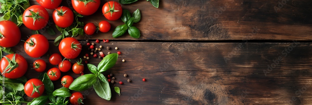 Arrangement of fresh tomatoes, basil, and spices on rough, weathered wooden table, emphasizing vibrant ingredients. Arrangement of fresh tomatoes, basil, and spices on rough, weathered wooden table, emphasizing vibrant ingredients.