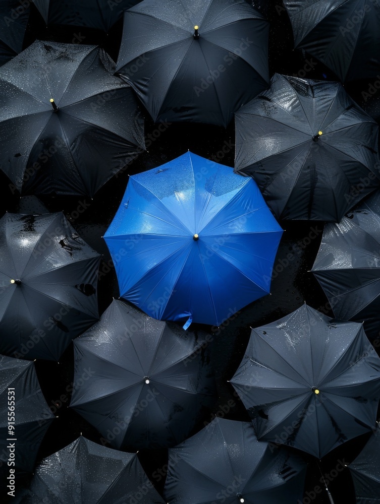 A blue umbrella in the middle of black umbrellas. Blue umbrella surrounded by many black umbrellas A blue umbrella in the middle of black umbrellas. Blue umbrella surrounded by many black umbrellas