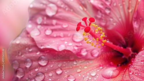 Vibrant Pink Hibiscus Blossom Glistening with Water Droplets Close-Up