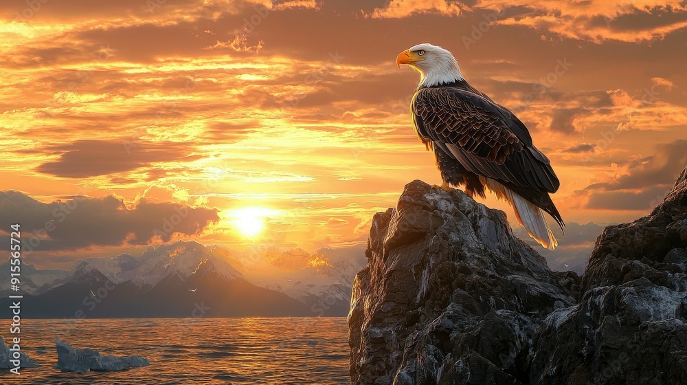 Fototapeta premium A majestic eagle perched on a rock, gazing at a stunning sunset over the ocean, capturing nature's beauty and tranquility.