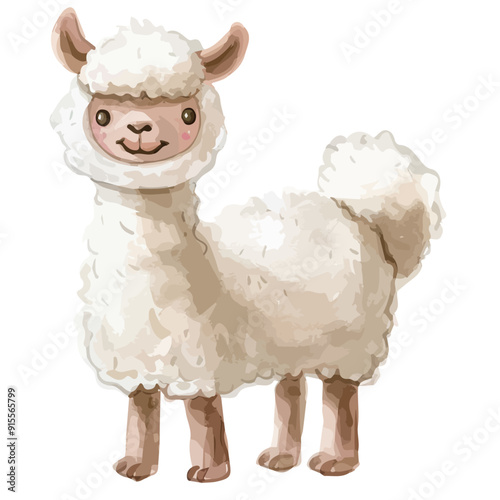 Watercolor vector of a cartoon Alpaca, isolated on a white background