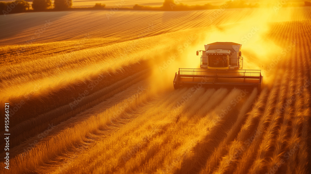 Fototapeta premium Aerial view of a combine harvester working in a golden wheat field at sunset.
