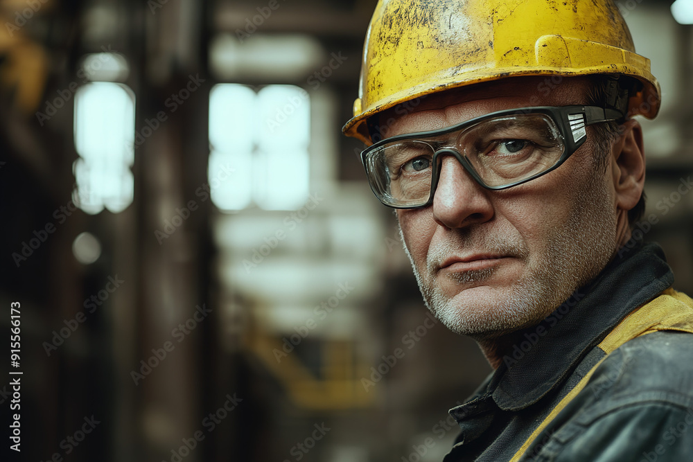 Professional middle-aged man in safety gear and a yellow helmet at a steel plant, looking confidently at the camera with an industrial background. Highlights safety and manufacturing. Professional middle-aged man in safety gear and a yellow helmet at a steel plant, looking confidently at the camera with an industrial background. Highlights safety and manufacturing.