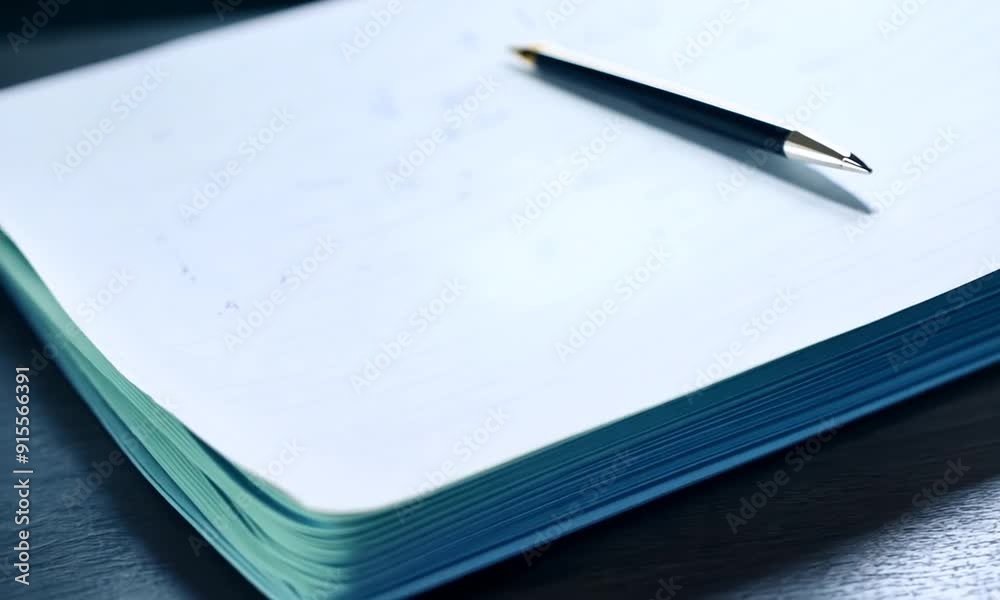 Blank Notebook and Pen: A minimalist composition showcasing a pristine white notebook with a sleek black pen, ready for inspiration and creativity.  The clean lines and simple setup evoke a sense of c