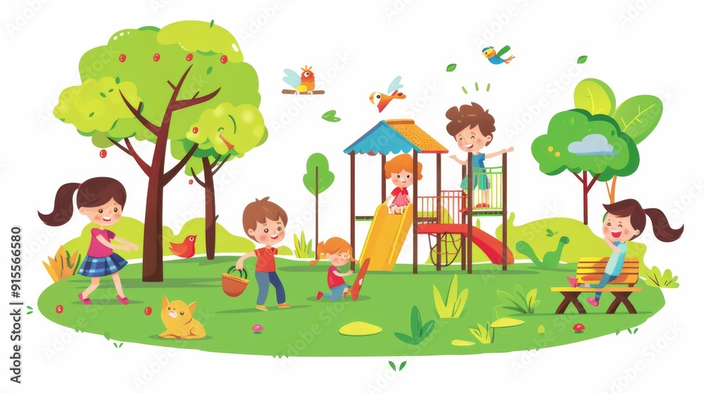 Children Playing on a Colorful Playground in a Park Children Playing on a Colorful Playground in a Park