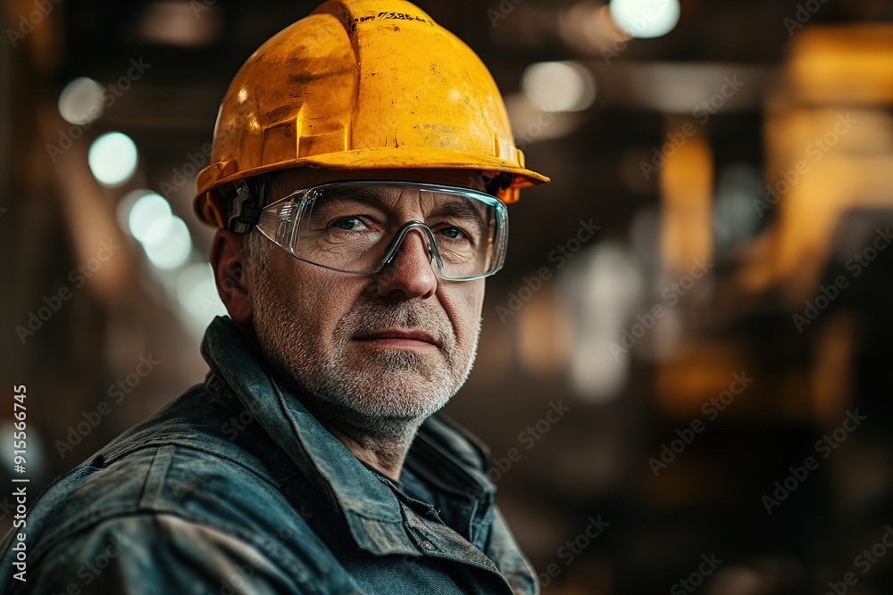 Middle-aged industrial worker with safety glasses and a yellow helmet in a steel plant, posing with a blurry background. Emphasizes safety, industry expertise, and professionalism. Middle-aged industrial worker with safety glasses and a yellow helmet in a steel plant, posing with a blurry background. Emphasizes safety, industry expertise, and professionalism.