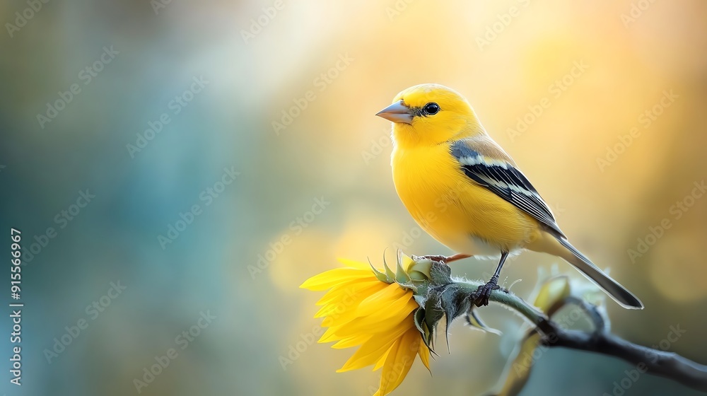 A Goldfinch perched on a blooming sunflower, with its vibrant yellow and black feathers creating a striking contrast against the golden petals A Goldfinch perched on a blooming sunflower, with its vibrant yellow and black feathers creating a striking contrast against the golden petals