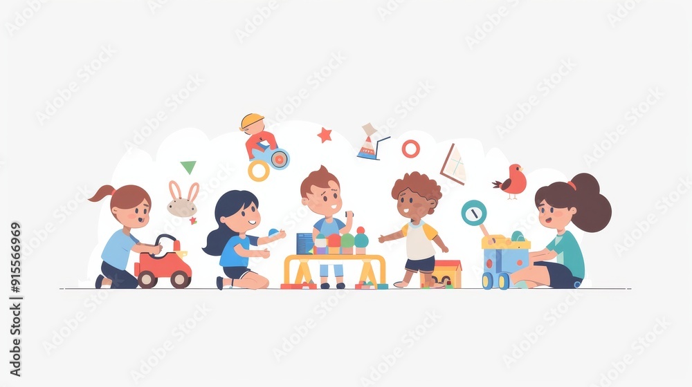 Cute Cartoon Illustration of Children Playing with Toys Cute Cartoon Illustration of Children Playing with Toys
