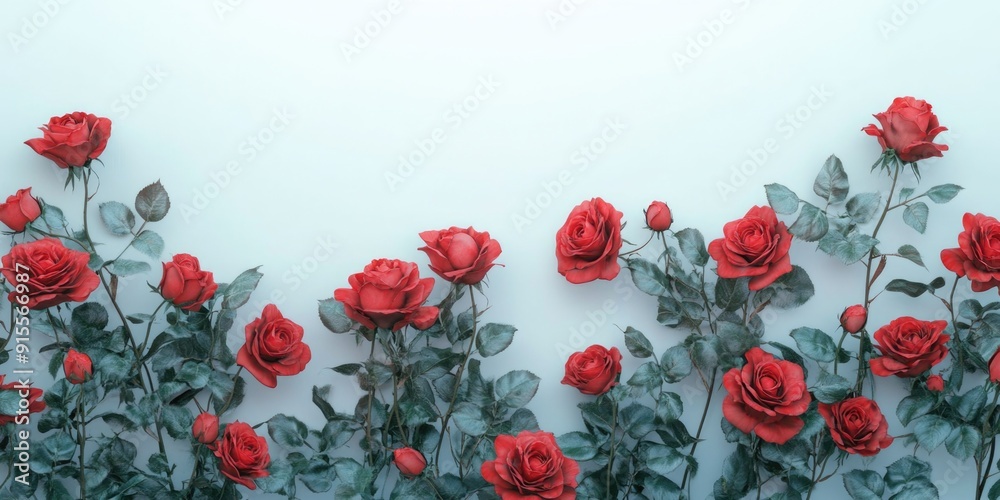 A bouquet of fresh red roses with lush green leaves A bouquet of fresh red roses with lush green leaves