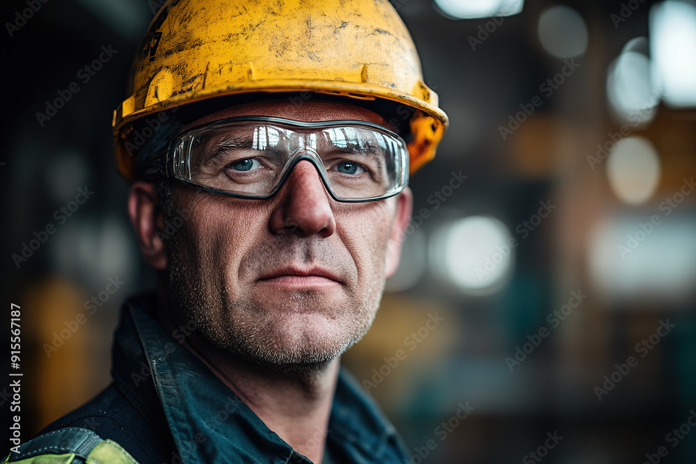 Middle-aged industrial worker with safety glasses and a yellow helmet in a steel plant, posing with a blurry background. Emphasizes safety, industry expertise, and professionalism. Middle-aged industrial worker with safety glasses and a yellow helmet in a steel plant, posing with a blurry background. Emphasizes safety, industry expertise, and professionalism.