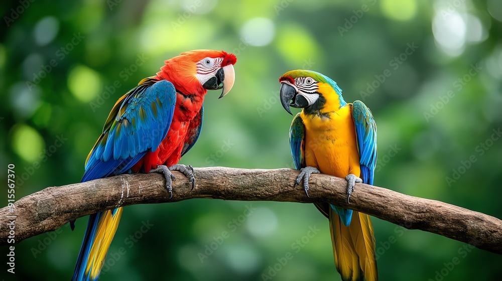 Obraz premium Two colorful macaws perched on a branch in a lush green forest.