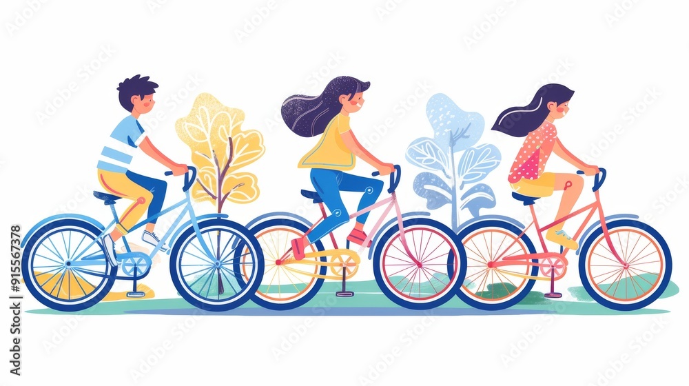 Fototapeta premium Friends Cycling Together: A Colorful Illustration of Joy and Adventure
