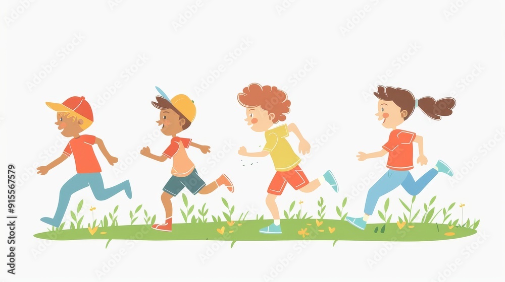 Happy Children Running and Playing in the Park Happy Children Running and Playing in the Park