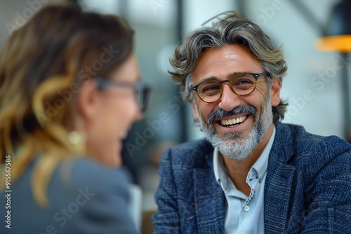 Portrait of a laughing businessman with eyeglasses discussing with his co-worker in the office, both looking sharp and professional. photo