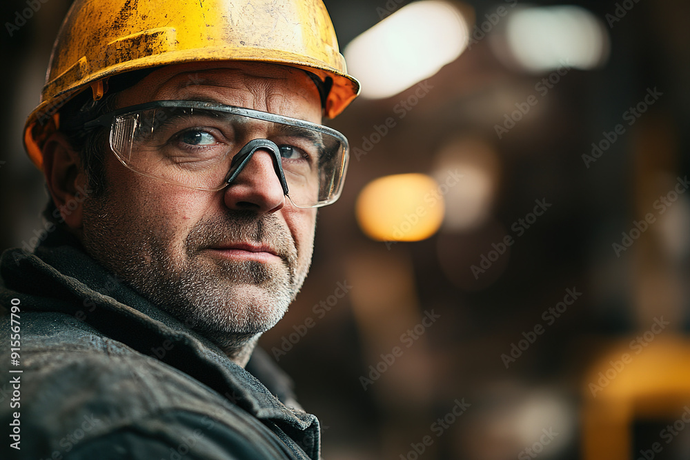 Experienced steel plant worker in safety gear and a yellow helmet, confidently facing the camera with a blurred industrial backdrop. Focuses on safety and industrial professionalism. Experienced steel plant worker in safety gear and a yellow helmet, confidently facing the camera with a blurred industrial backdrop. Focuses on safety and industrial professionalism.