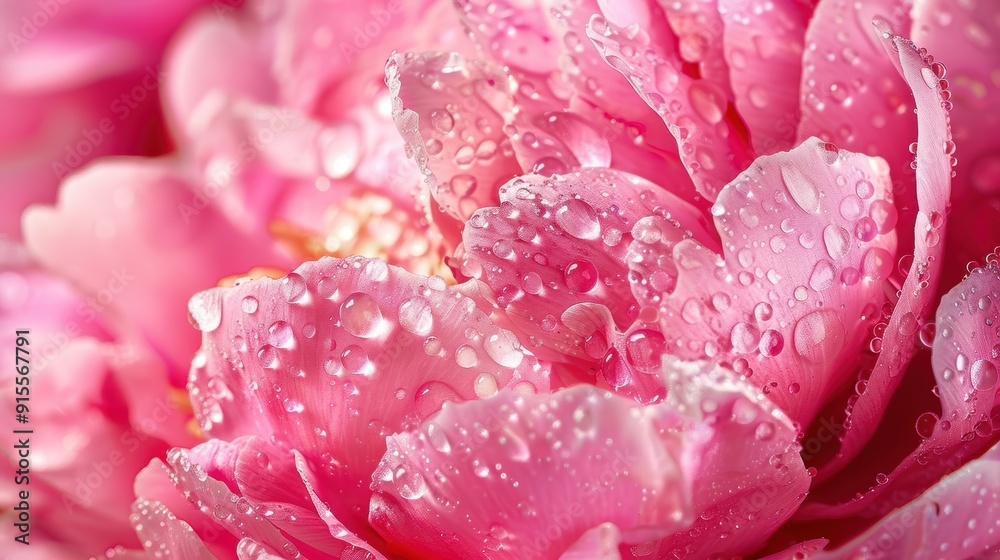 Fototapeta premium Serene Beauty of a Pink Peony Adorned with Dew Drops in Close-Up View