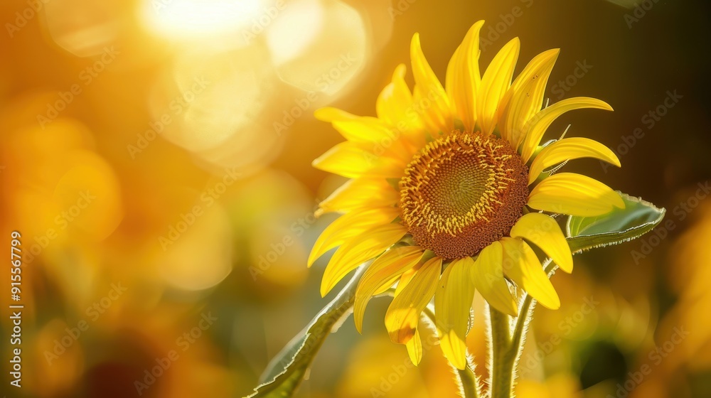 Naklejka premium Vibrant Yellow Sunflower in Close-up with Lush Green Stem Detail