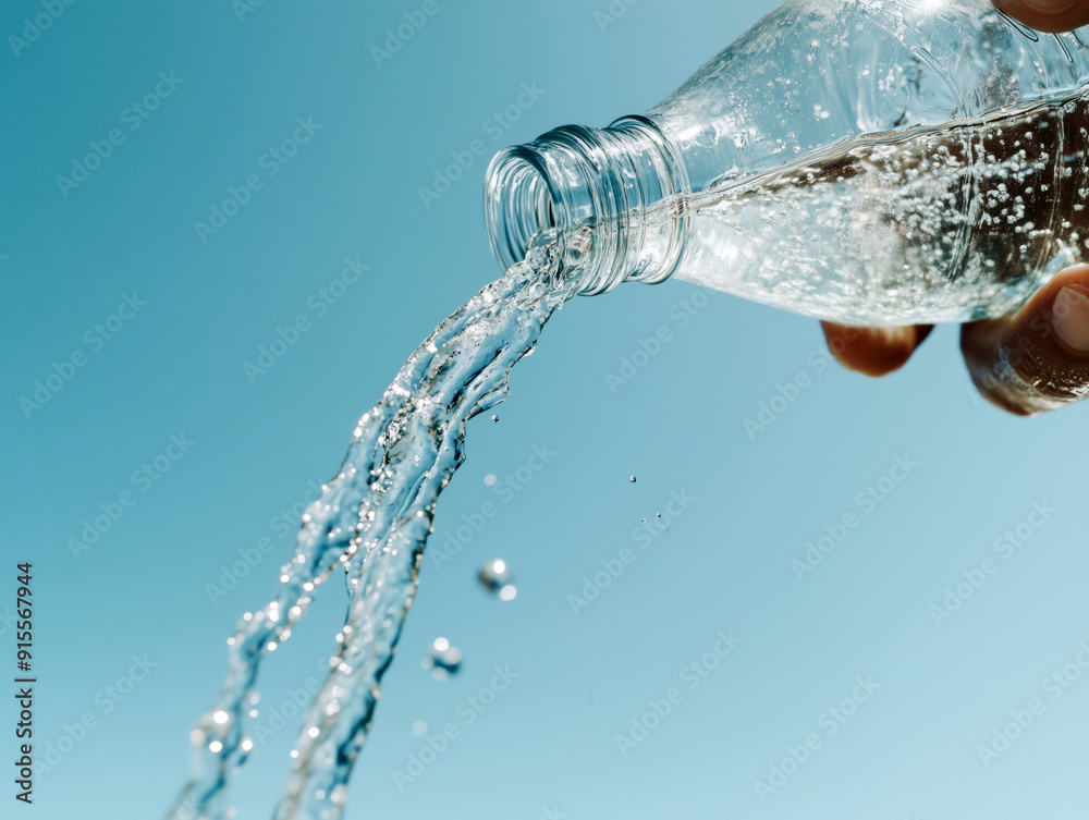 Water Pouring from Bottle Against Clear Blue Sky Water Pouring from Bottle Against Clear Blue Sky