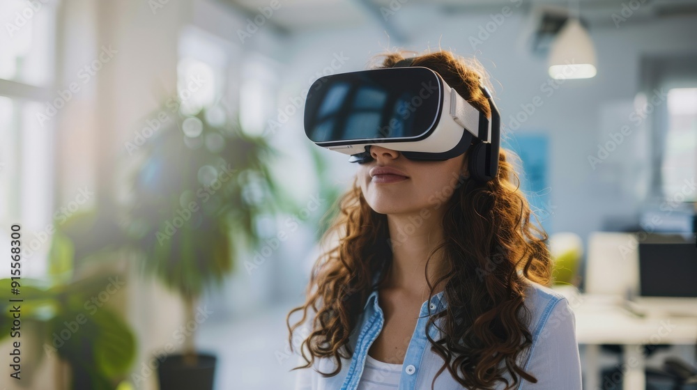 Person with curly hair using VR headset in bright office Person with curly hair using VR headset in bright office