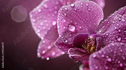 Tranquil Beauty: Close-up of a Dew-Kissed Purple Orchid Blooming in Bright Morning Light