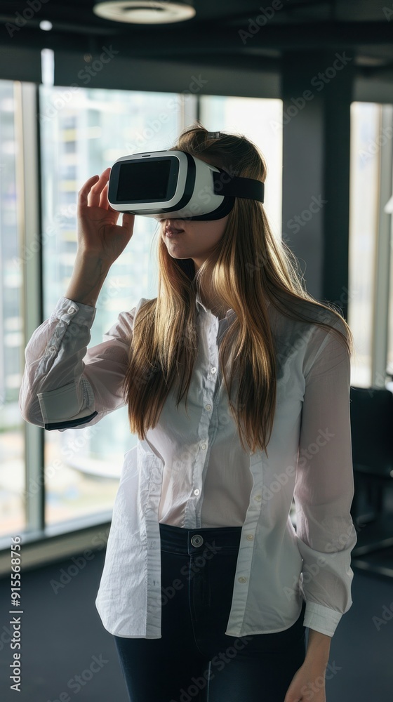 Woman using virtual reality headset in bright room Woman using virtual reality headset in bright room