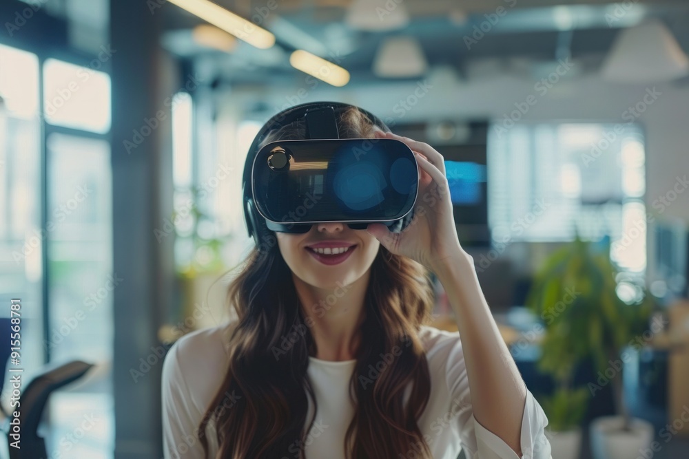 Woman exploring virtual world with VR headset Woman exploring virtual world with VR headset