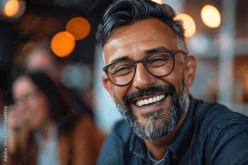 Businessman with well groomed beard laughing and wearing eyeglasses discussing with colleagues in meeting at desk. Businessman with well groomed beard laughing and wearing eyeglasses discussing with colleagues in meeting at desk.