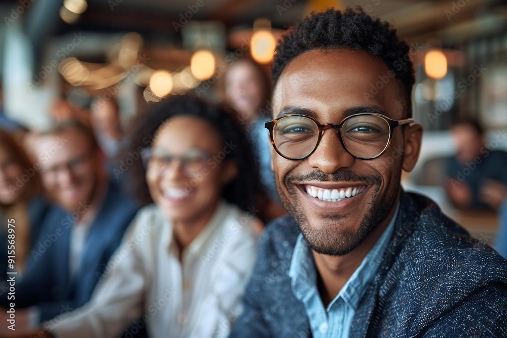 Group of laughing business people, some wearing eyeglasses, having video conference meeting with their colleagues at office. Group of laughing business people, some wearing eyeglasses, having video conference meeting with their colleagues at office.