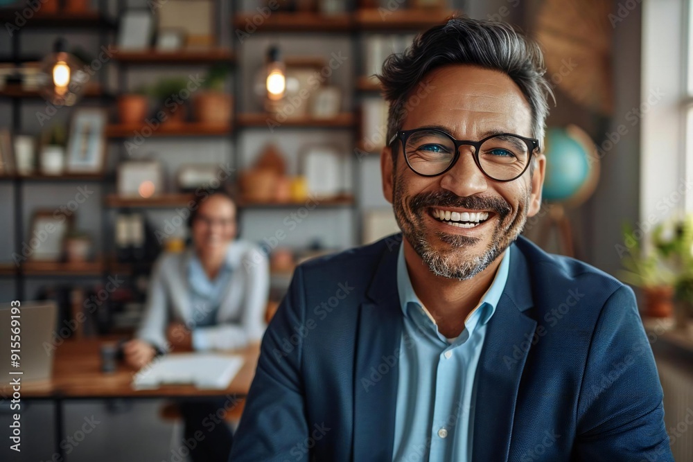 Cropped image of laughing businessman wearing eyeglasses video conferencing with colleague at desk. Cropped image of laughing businessman wearing eyeglasses video conferencing with colleague at desk.
