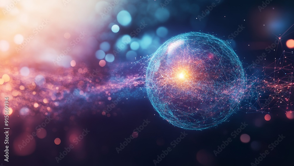 Sphere of magic energy in space surrounded by neon particles and flames over a purple and pink dark background Sphere of magic energy in space surrounded by neon particles and flames over a purple and pink dark background