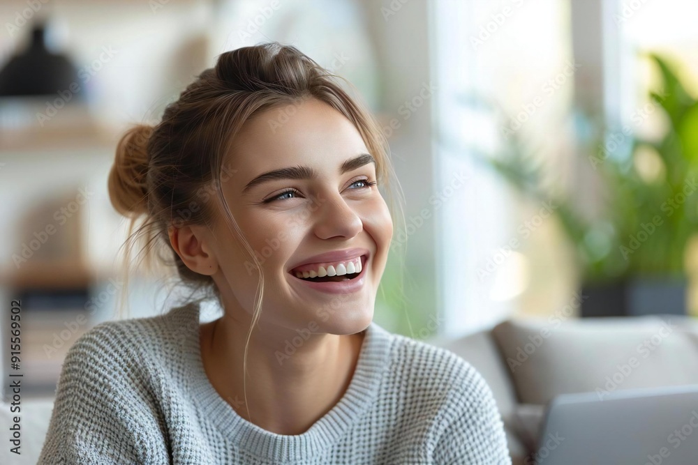 Excited young woman laughing while sitting with laptop on couch. Excited young woman laughing while sitting with laptop on couch.
