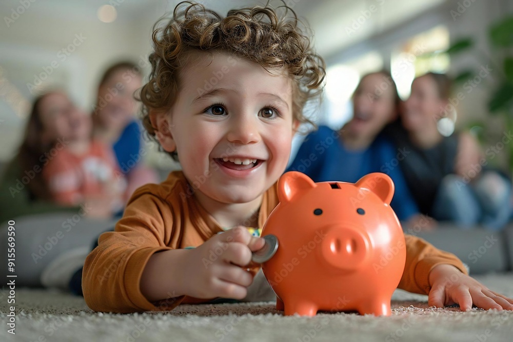 Obraz premium Adorable little boy inserting coin in a piggy bank with her laughing family in background.