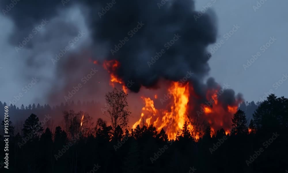 Inferno's Grip: Raging wildfire consumes a forest at dusk, casting an eerie glow against the smoke-filled sky – a stark reminder of nature's untamed power and the devastating impact of climate change. Inferno's Grip: Raging wildfire consumes a forest at dusk, casting an eerie glow against the smoke-filled sky – a stark reminder of nature's untamed power and the devastating impact of climate change.