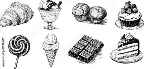 Vintage Illustration of Ice Cream, Candy, and Cake. Hand-Drawn Sketch of Croissant, Chocolate, and Wafer Cone. Engraved Vector with Desserts Set.