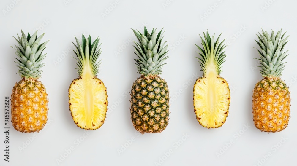 Fototapeta premium An arrangement of pineapples in various stages of ripeness, showcasing the transition from green to golden yellow