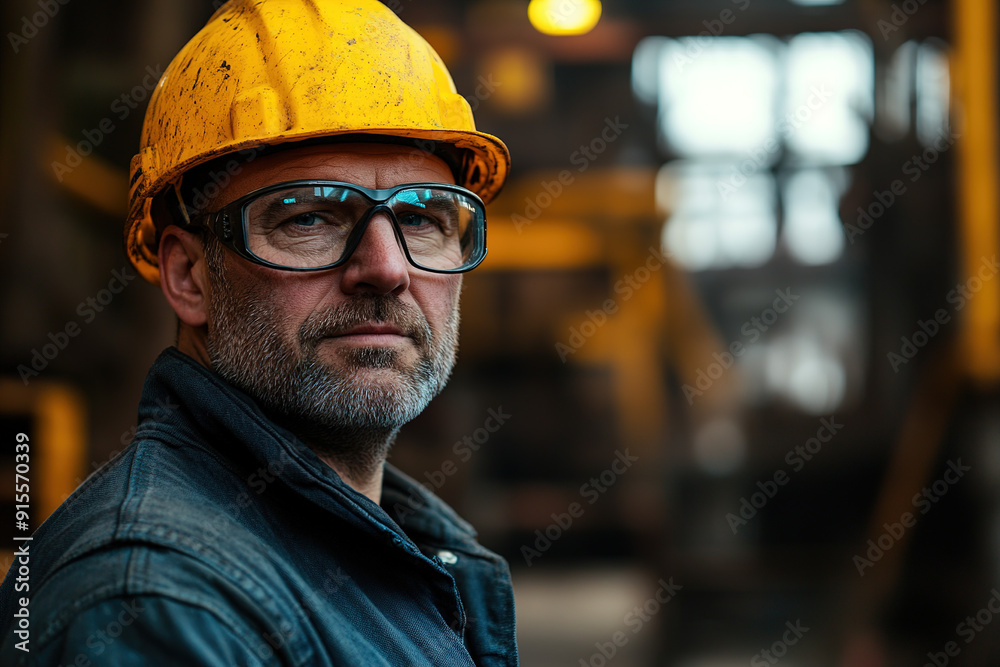 Middle-aged professional in a steel plant wearing safety glasses and a yellow helmet, posing with an out-of-focus industrial setting behind. Highlights safety and manufacturing expertise. Middle-aged professional in a steel plant wearing safety glasses and a yellow helmet, posing with an out-of-focus industrial setting behind. Highlights safety and manufacturing expertise.