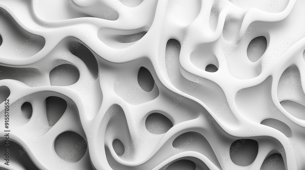 Abstract white organic surface with smooth curves and irregular holes, resembling a cellular or porous structure.