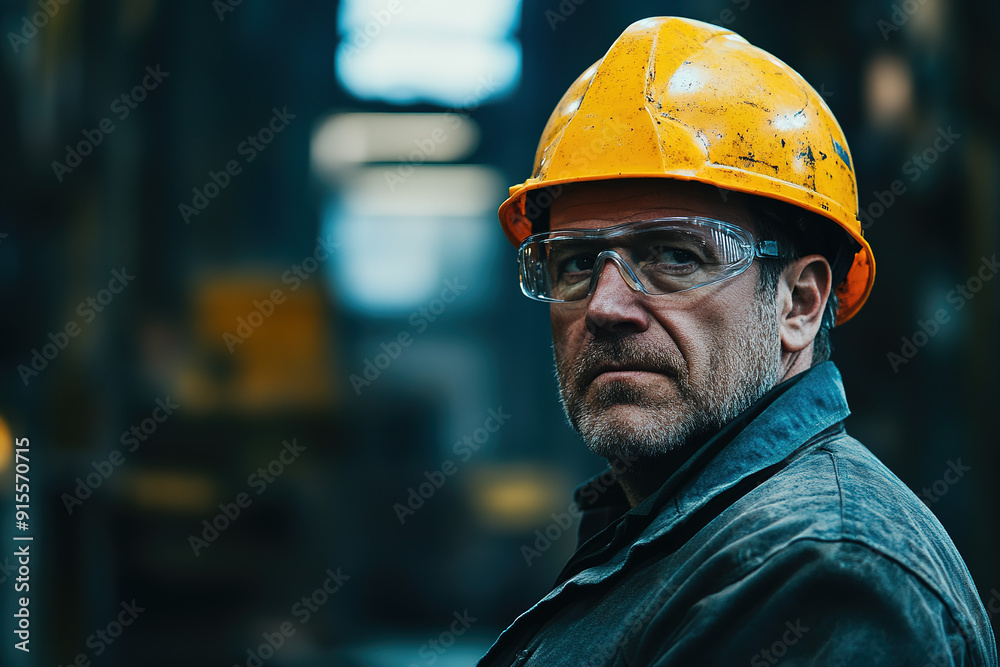 Middle-aged professional in a steel plant wearing safety glasses and a yellow helmet, posing with an out-of-focus industrial setting behind. Highlights safety and manufacturing expertise. Middle-aged professional in a steel plant wearing safety glasses and a yellow helmet, posing with an out-of-focus industrial setting behind. Highlights safety and manufacturing expertise.