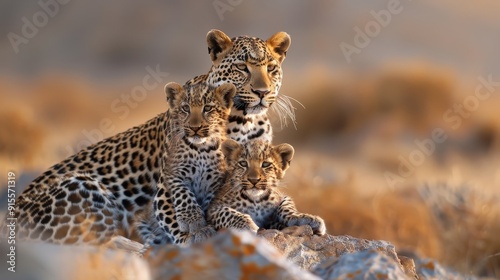 A mother leopard nuzzles her cubs in the savanna. photo