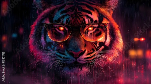 Fierce Feline in Geometric Rain Vibrant Tiger Face with Sunglasses and Cap