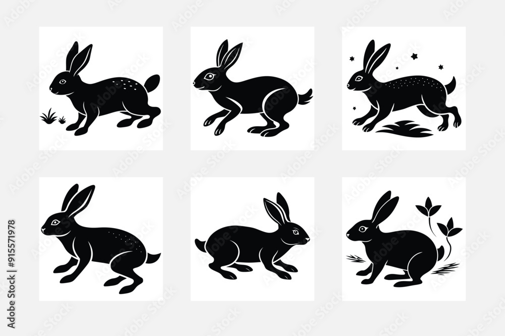 Obraz premium White background minimal Rabbit silhouette artwork set for modern design 