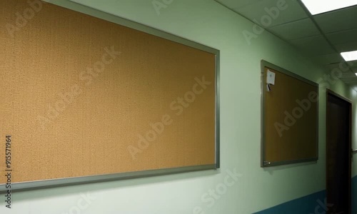 Empty Bulletin Board in Office Corridor: A simple and clean photograph of a blank corkboard in a hallway, ready for your message.  Perfect for presentations, announcements, or simply adding a touch of